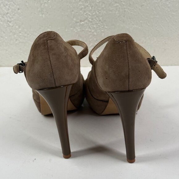 Kenneth Cole Platform Heels T-Strap Taupe Suede Peep Toe Heel Size 8.5 - Picture 10 of 14